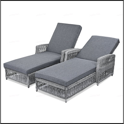 2 Pieces Long Reclining Chaise, Outdoor Wicker Lounge With Armrests, Patio Adjustable Recliner With Soft Removable Cushions, All Weather Rattan Pool Lounge For Poolside And Garden