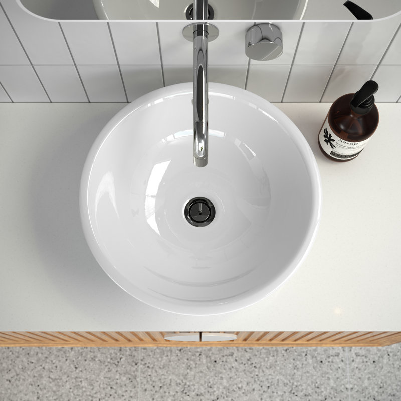 Ceramic Circular Vessel Bathroom Sink with Overflow, Gloss White