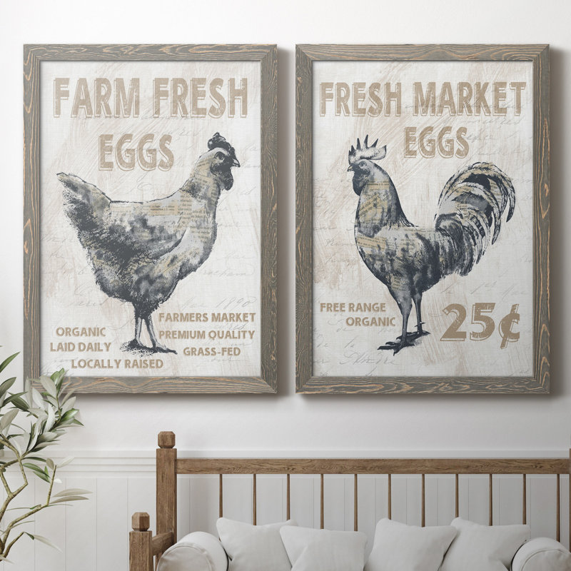 Farm Fresh Chicken - ensemble de 2 reproductions, H 37,5 po x l 55 po x P 1,5 po, Toile avec cadre gris, Pas de tapis