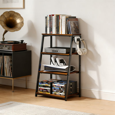4-Tier AV Media Stand With Hooks, Heavy Duty, Wooden, For Game Console, DVD Players, Xbox