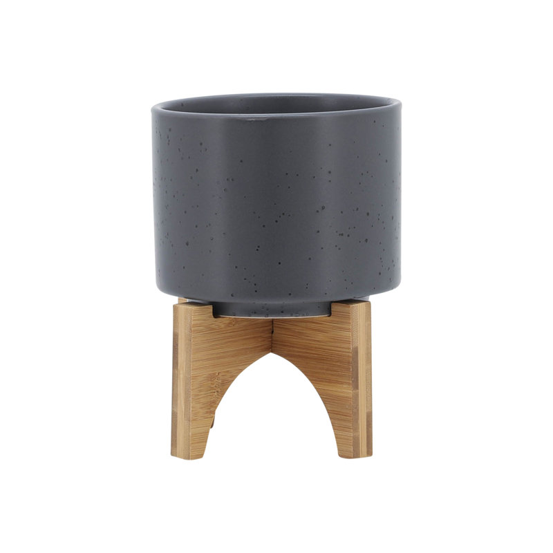 5" Planter W/ Wood Stand, Matte Gray, Gray, 1, 7" H x 5" W x 5" D