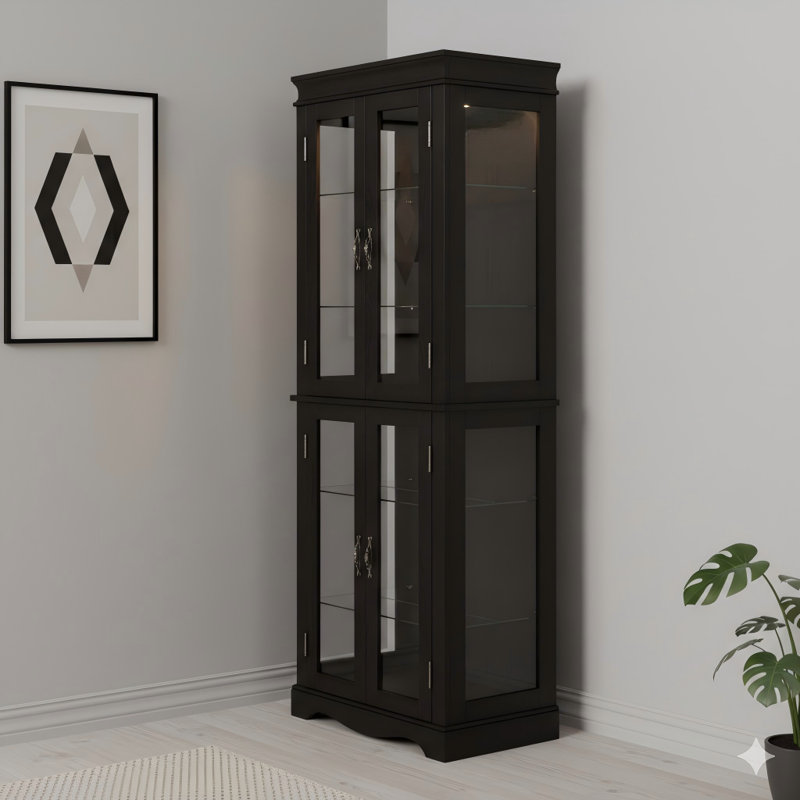 Illuminated Glass Curio Display Cabinet, Glass Showcase Storage Unit, Glass Wine Cabinet With Wood Frame For Toy Display In Living Room, Kitchen, Or Pantry, Includes Light Bulb, In Black