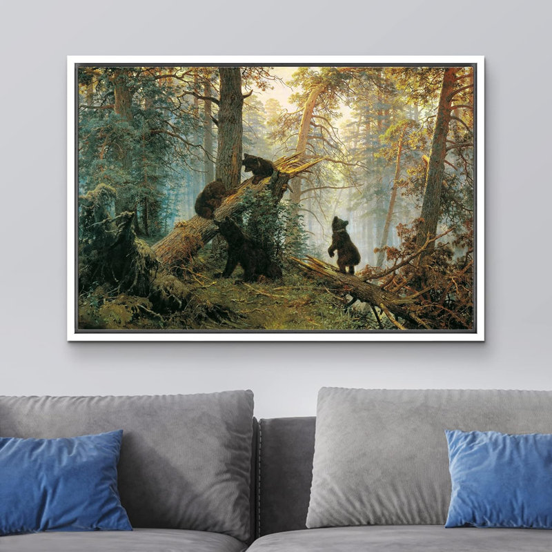 «Black Bears In The Spring Forest», reproduction d'art sur toile, H 24 po x l 36 po x P 1,5 po, Cadre blanc