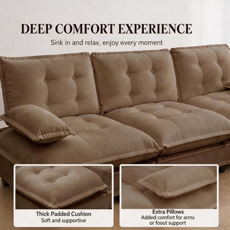 Canapé modulaire en chenille modulaire en U 107 po avec 2 repose-pieds, H 35,4 po x l 107 po x P 33,8 po, Chenille café clair
