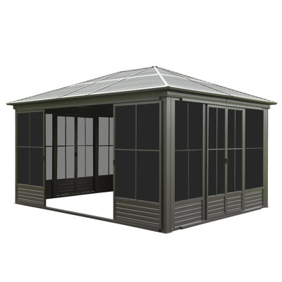 12X14ft Outdoor Sunroom, Galvanized Steel Hardtop Enclose Gazebo Sloping Roof, All Weather Aluminum Solarium Screen House For Patio Deck Backyard With Lockable Door, Moveable PC Screen