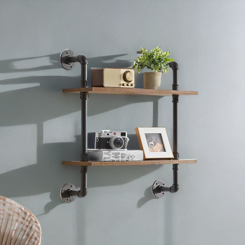 Wrightstown 2 Piece Floating Shelf Industrial Rustic Brown Pipe Home Furniture