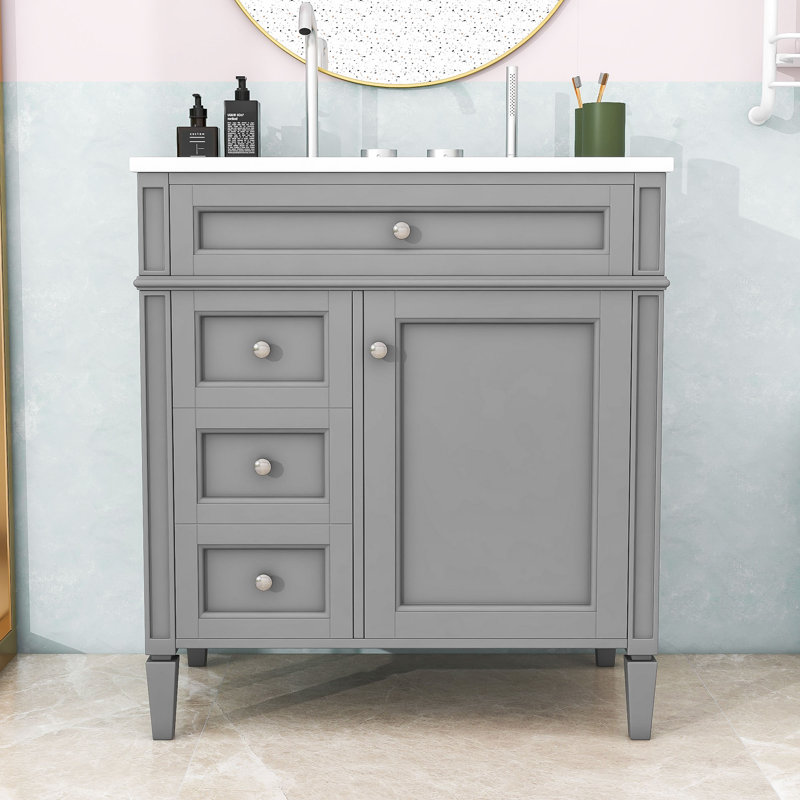 Sriyaan Bathroom Vanity with Ceramic Top, Bathroom Storage Cabinet with 2 Drawers and Tip-out Drawer, Gray, Silver