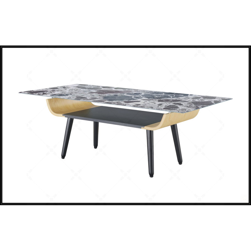 Landon Coffee Table With Glass Marble Texture Top And Bent Wood Design, Black