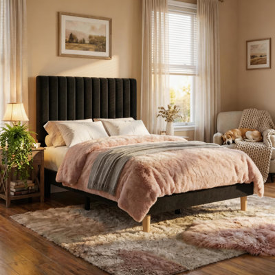 Twin Size Velvet Upholstered Platform Bed Frame with Adjustable Headboard, No Box Spring Required, Easy Assembly, Black