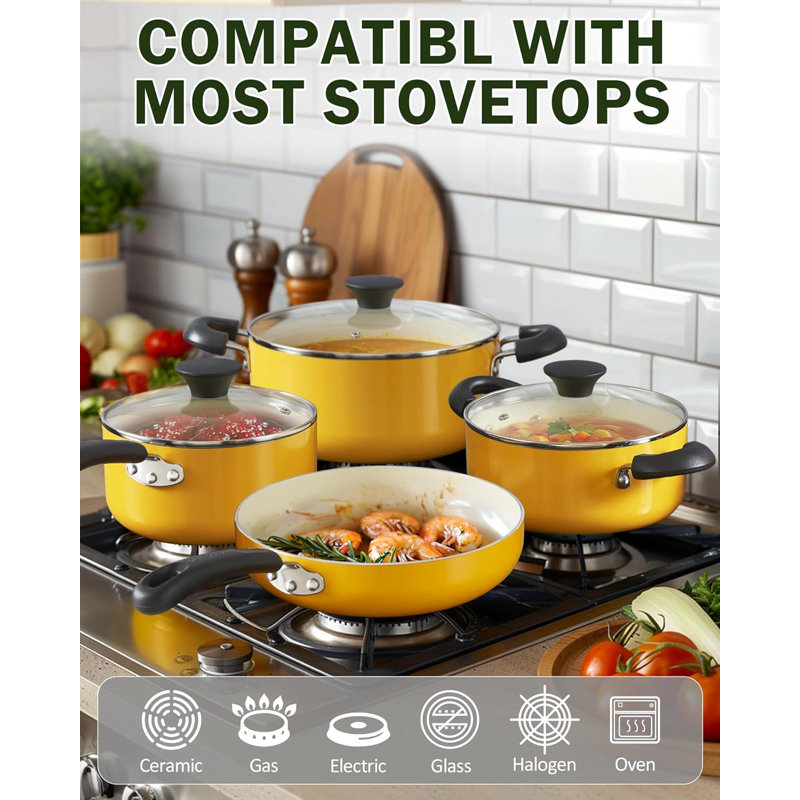 Yellow Nonstick Aluminum 10-Piece Cookware Set with Glass Lids