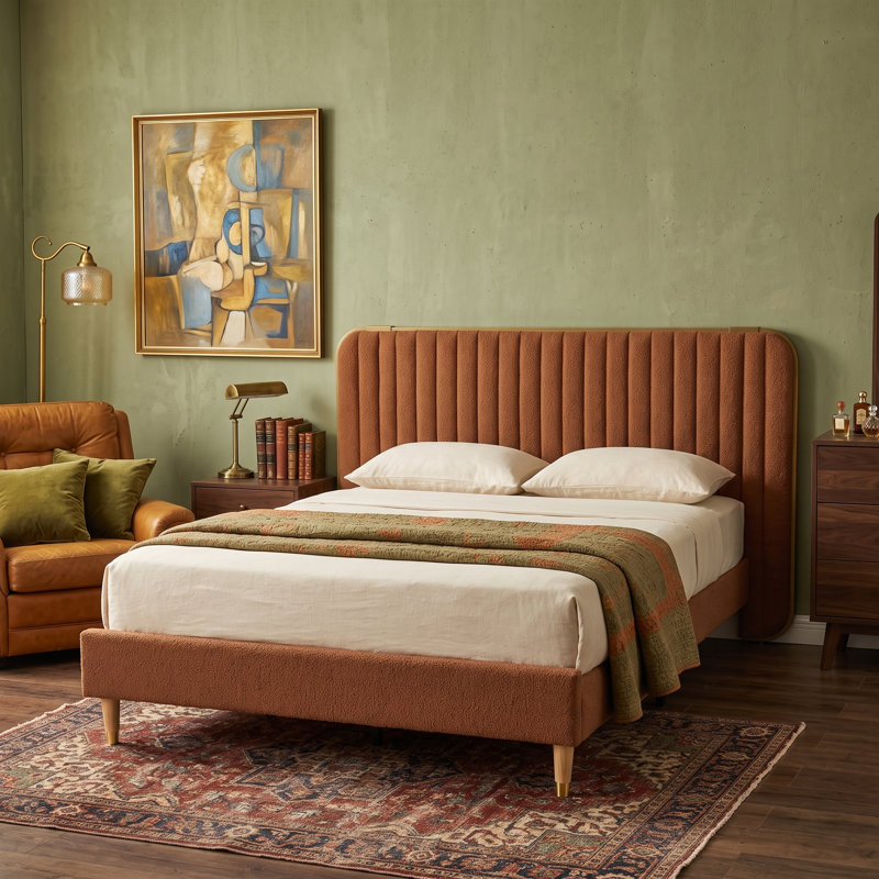 Lit capitonné moderne, couleur ocre Teddy, Double, Café