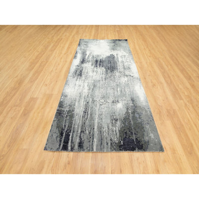 4'3"X10' Gray With Charcoal Black Hand Knotted Abstract Design Wool And Silk Oriental Runner Rug 3DE9455DE6854CB0BADABDAC3636642C