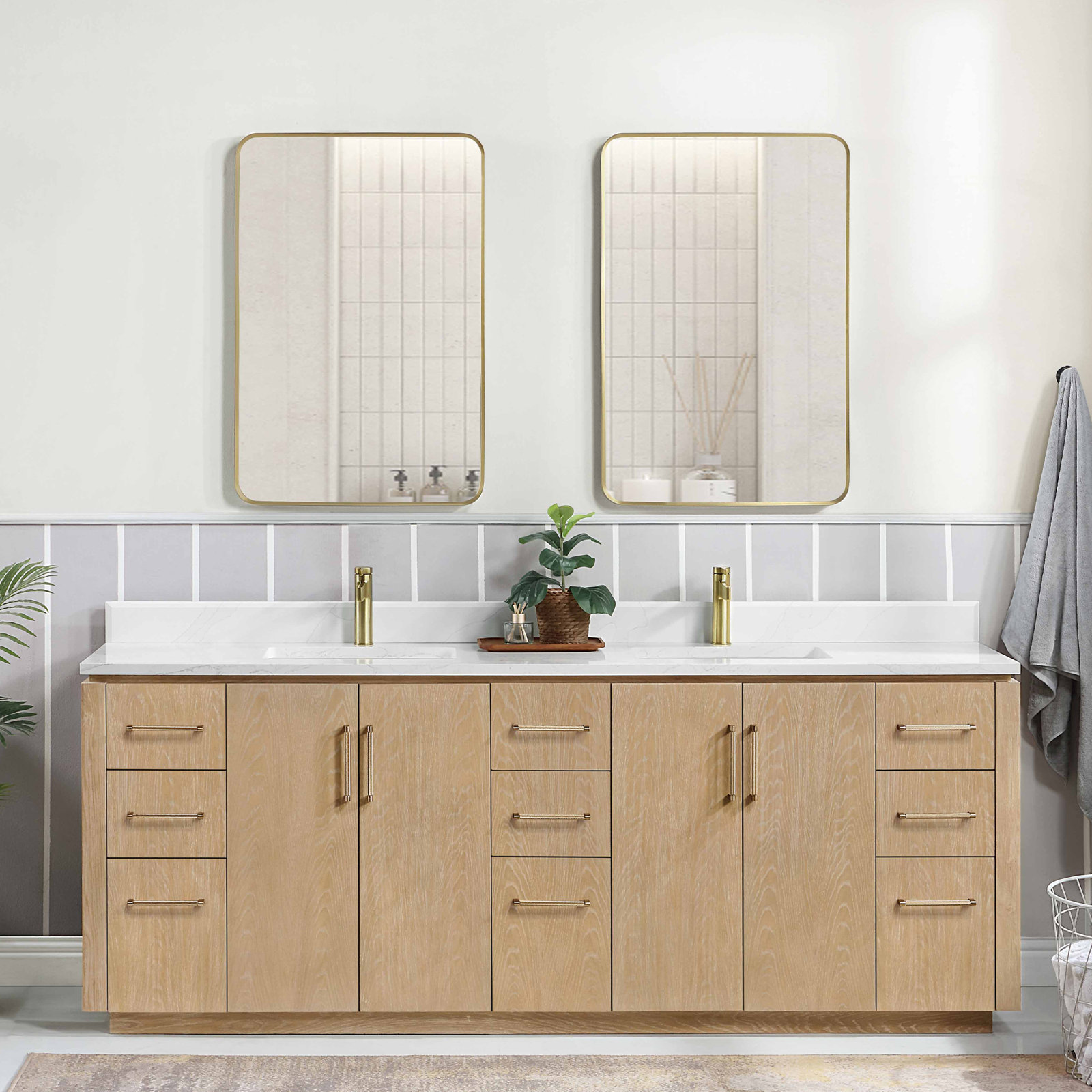 Cloverfield 84'' Double Bathroom Vanity, Gold, Washed Ash Gray