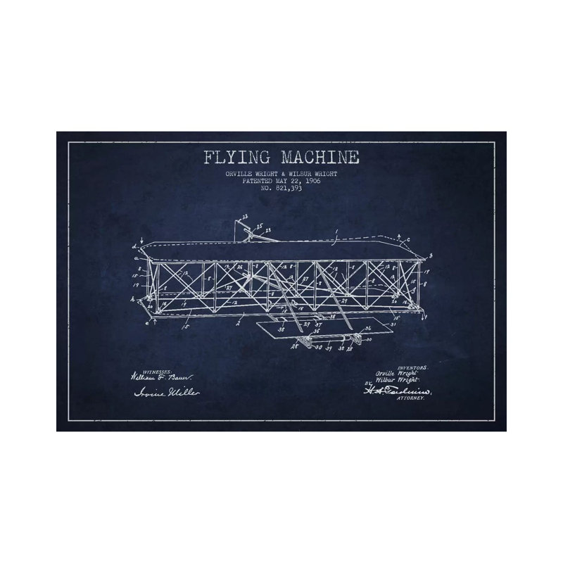 Airplane Navy Blue Patent Blueprint by Aged Pixel - Print on Canvas, 101.6 cm H x 66.04 cm W x 1.91 cm D, Wrapped Canvas