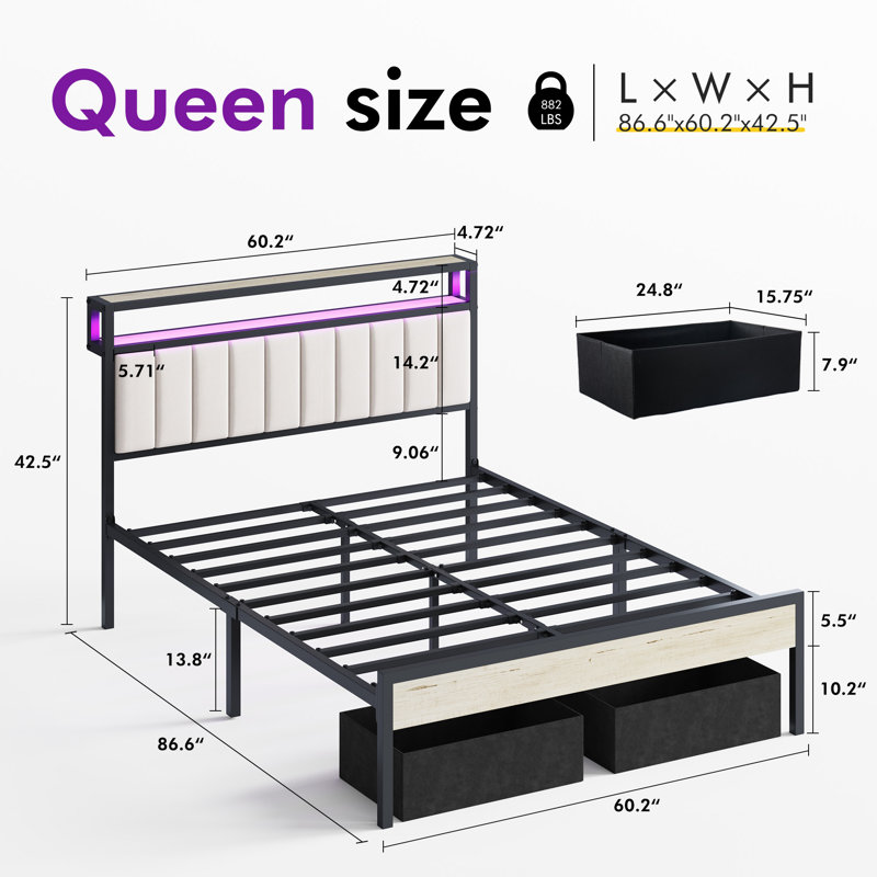 Tryston Queen Bed Frame With Led Lights & 2 Storage Drawers, White, Queen, White