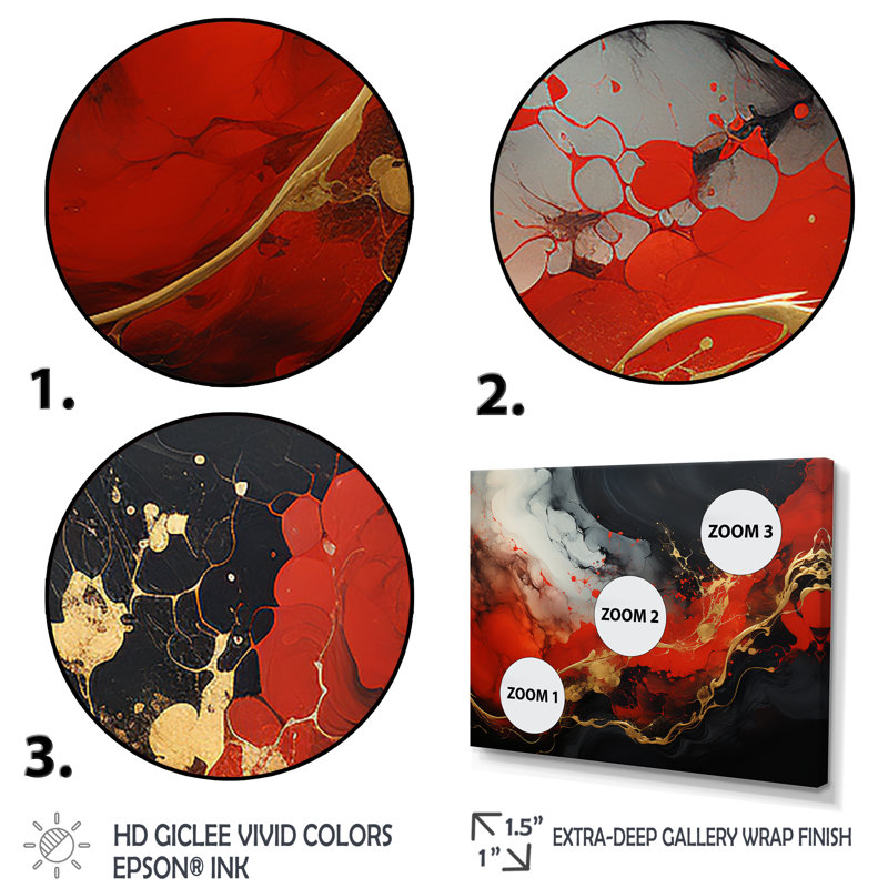 Rouge et or feu de marbre II - peinture abstraite, art mural, Cadre d'angle fermé doré, H 30 po x l 40 po x P 1,5 po