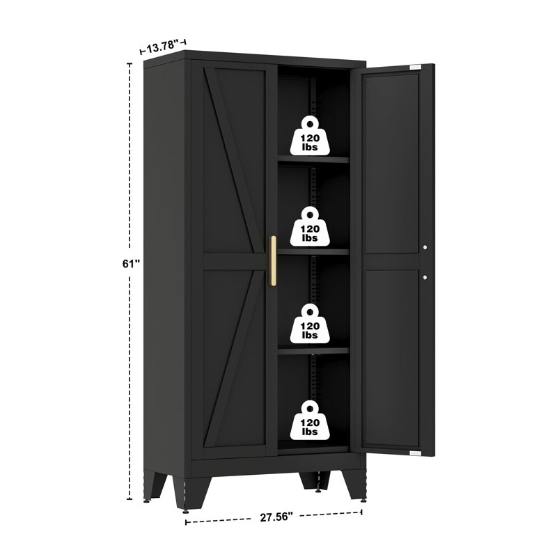 Armoire de rangement 61 po en métal noir avec tablettes réglables pour la cuisine, le garde-manger, le salon, la salle à manger, la maison et le bureau