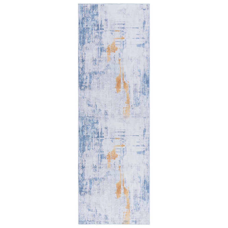 Tapis abstrait gris / bleu, Tapis de couloir 2 pi 6 po x 8 pi