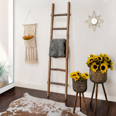 Decorative Wooden Ladder Storage for Living Room and Home Decor - Modern Wall Leaning Ladder Accent for Blanket Rack and Multi-Use Storage - 76"