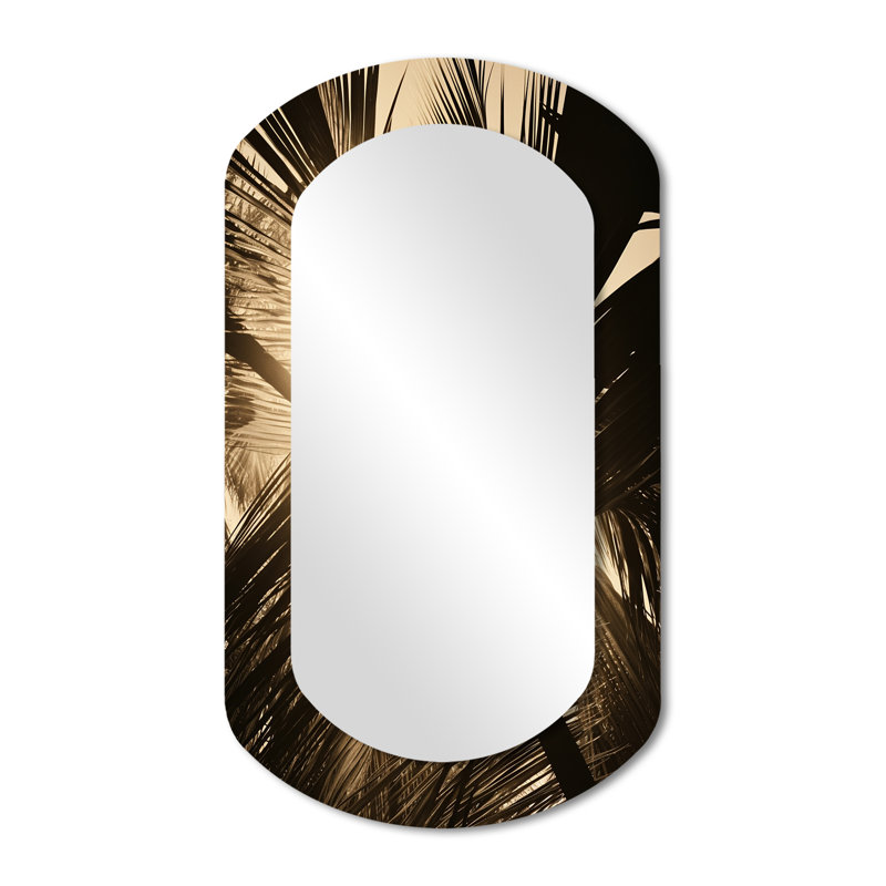 Manrique sépia sérénité feuilles de palmier - grand miroir mural cylindrique beige, miroir décoratif asymétrique traditionnel, impression d'art en métal