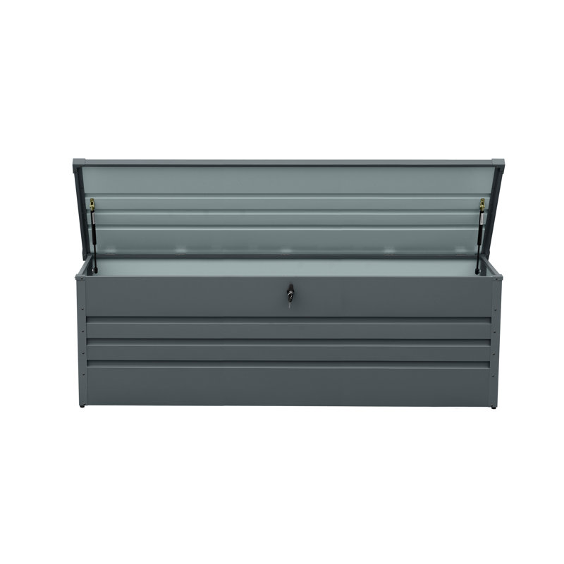 Coffre de terrasse extérieur en métal 260 gallons - imperméable et verrouillable. Convient aux coussins de patio, aux articles de piscine et aux outils de jardin. Gris foncé , Weather- Build. Mécanisme de couvercle utilisateur. Polyvalent comme table. Étapes d'assemblage faciles