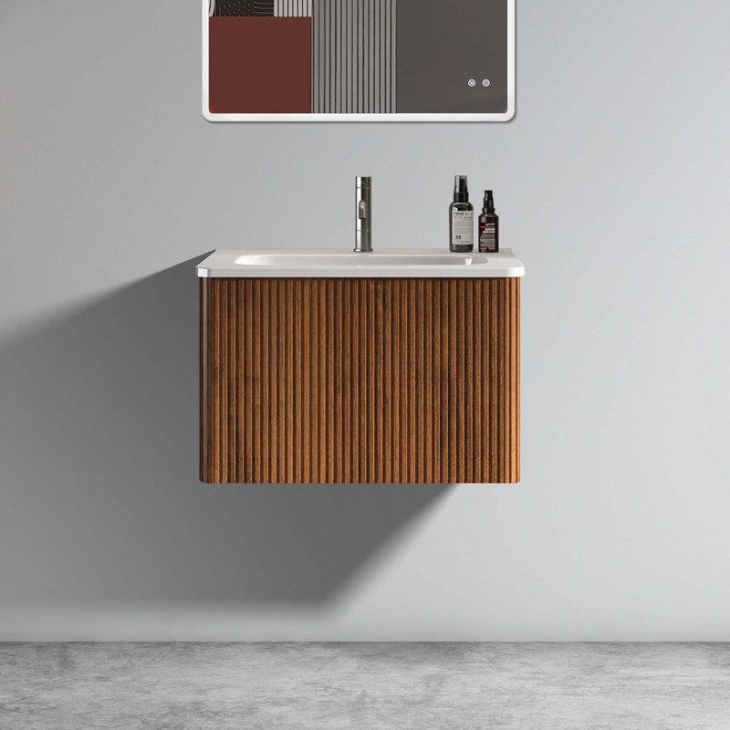 Bathroom Vanity With White Ceramic Sink, Walnut, 24"