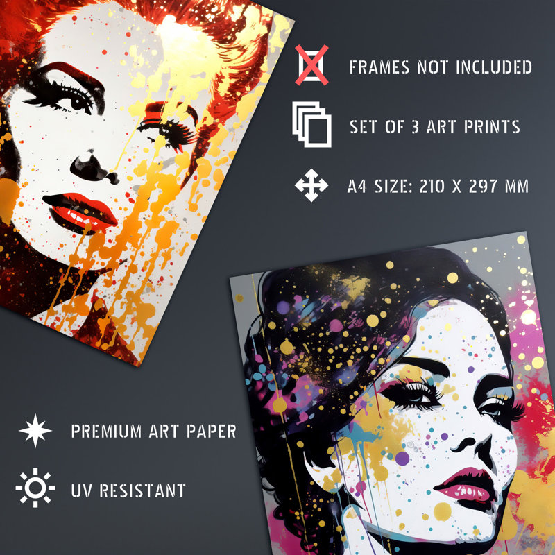 Glam Glitter Aesthetic Women Portraits Gold Red Teal Retro - 3 Piece No Frame Print Set, 29.7cm H x 21cm W x 0.4cm D