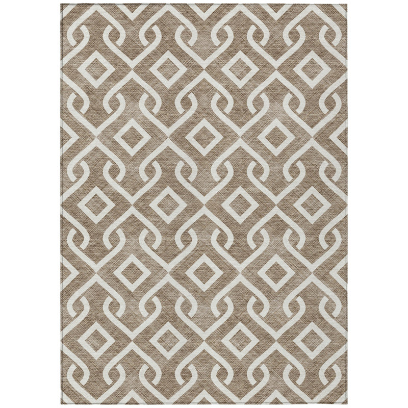 3' X 5' Brown And Ivory Geometric Washable Indoor Outdoor Area Rug