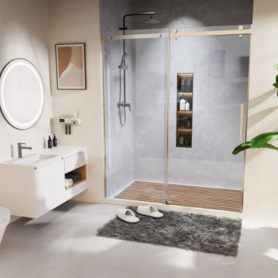 Yokwok 60" W X 72" H Double Sliding Shower Door, 1/4" (6mm) Frame Clear Tempered Glass Bathroom Door With Anti-leak Seal, Reversible Installation, For Bathroom Use, Gold