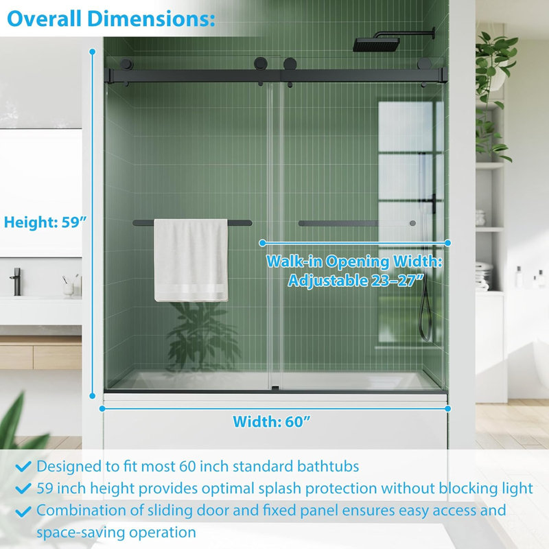 Sliding Shower Door with 6/8mm Tempered Glass Panels and Stainless Steel Square Track, Black