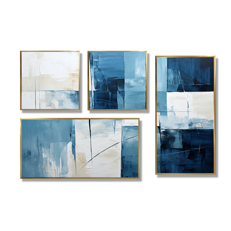Nautique, formes géométriques blanches et bleues III - impressions sur toile bleues, 4 pièces, Doré