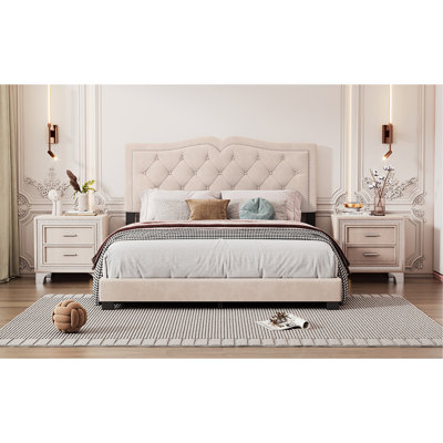 Beige Velvet Queen Size Bed Frame, Modern Platform With Headboard And Decorative Rivets, Structure, No Box Spring Requirement Upholstered Rivet Accents, Look, Strong ,
