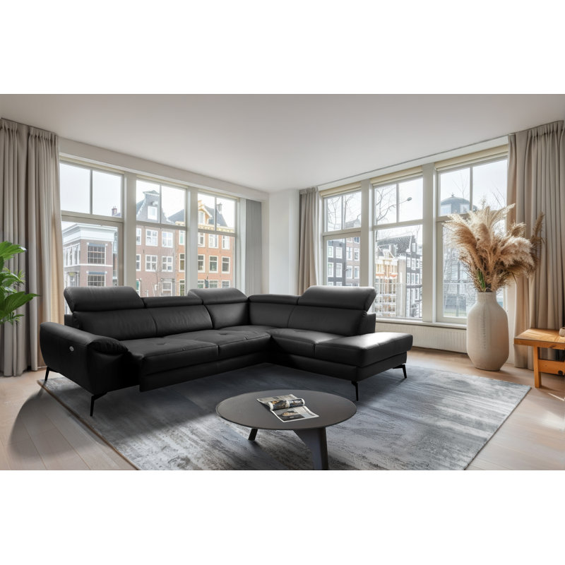 Alvoro Genuine Leather Corner Sofa with Electric Seat Extension & Adjustable Headrests, Right Hand Facing, Black