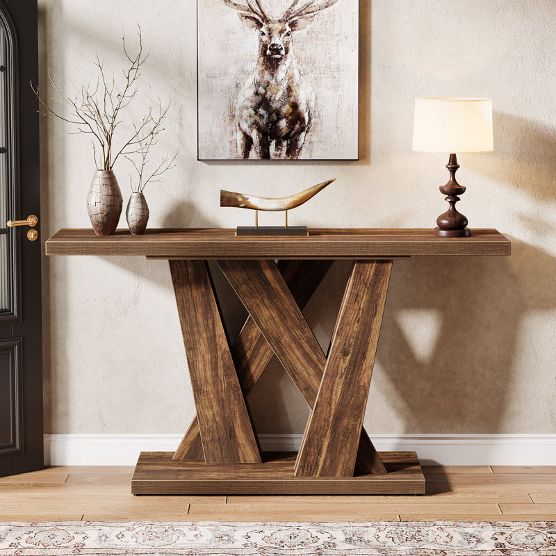 Rustic Brown 55'' Wood Console Table with Geometric Base