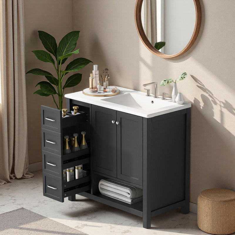Meuble-lavabo 36 po avec comptoir d'évier, meuble-lavabo avec deux portes et deux tiroirs, bois massif, tablette ouverte, panneaux de fibres à densité moyenne