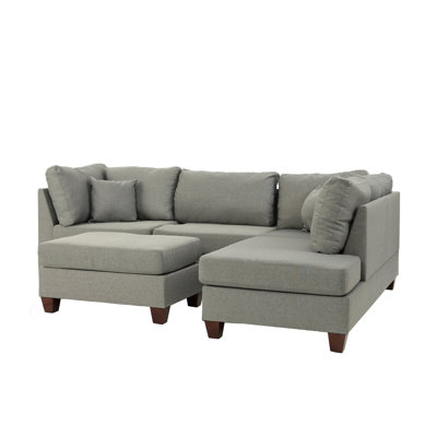 Reversible Polyfiber Sectional Sofa With Ottoman, Grey