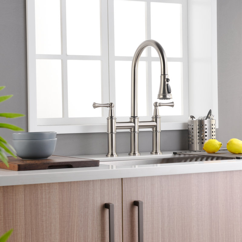 Bridge Pull Down Kitchen Faucet, 3 Hole 8 Inch Kitchen Sink Faucet, Brushed Nickel