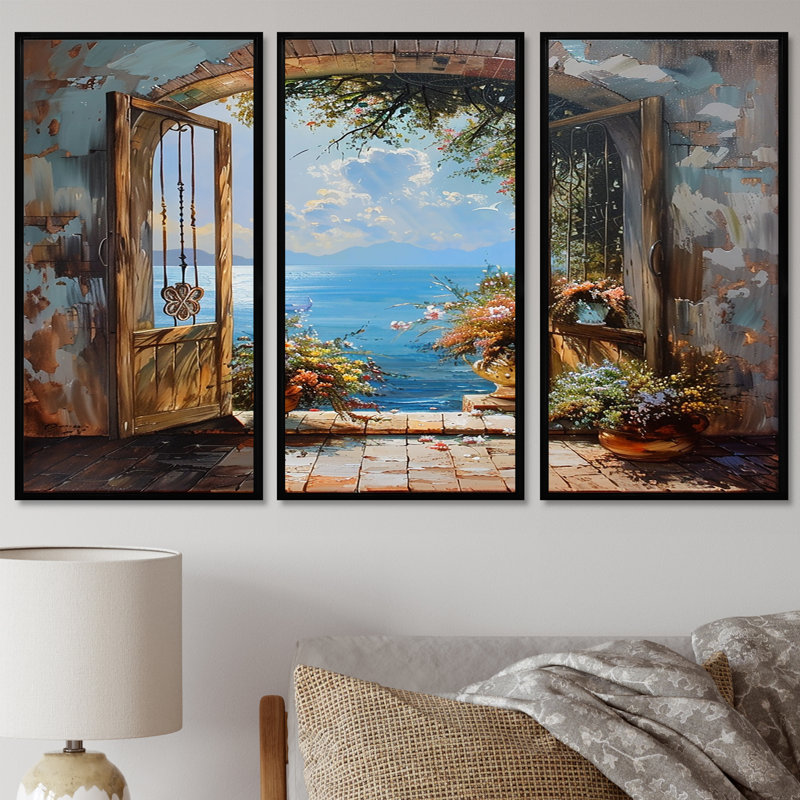 Design Art French Window View On Mediterranean Blue Horizon - Coastal ...