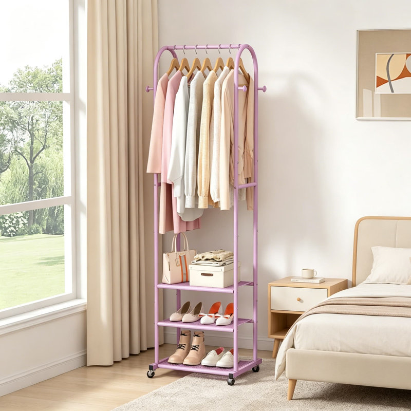 Portant à vêtements robuste avec roulettes, portemanteau 71,8 pouces avec 3 tablettes en métal, présentoir moderne pour suspendre les vêtements, portemanteau roulant pour petits espaces, rose