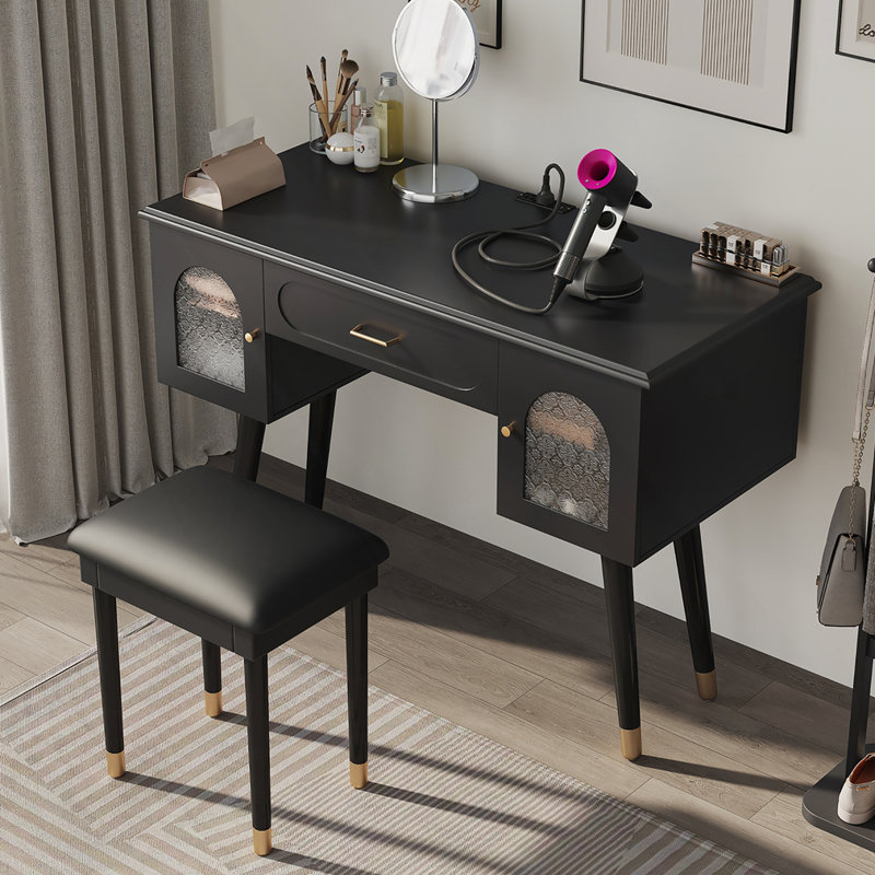 Elegant Vanity Makeup Table & Chair Set, Black