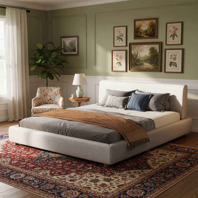 Modern Bouclé Upholstered Platform Bed with Extra-Thick Headboard, King