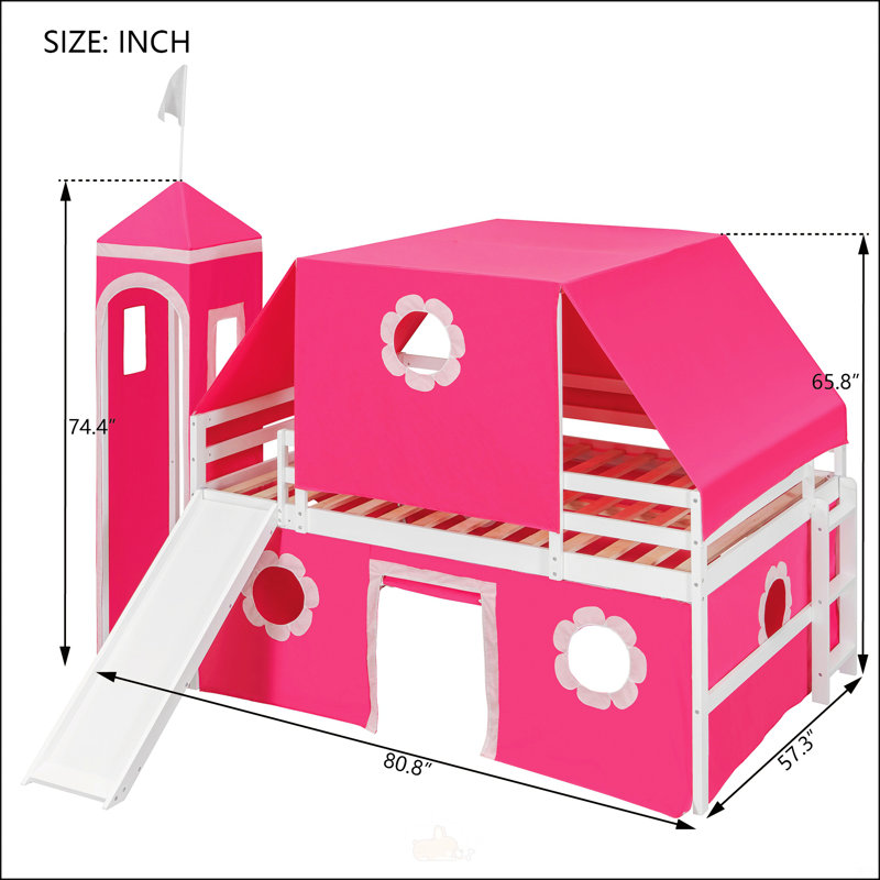 Lit mezzanine avec tente coulissante et tour, Double, Rose