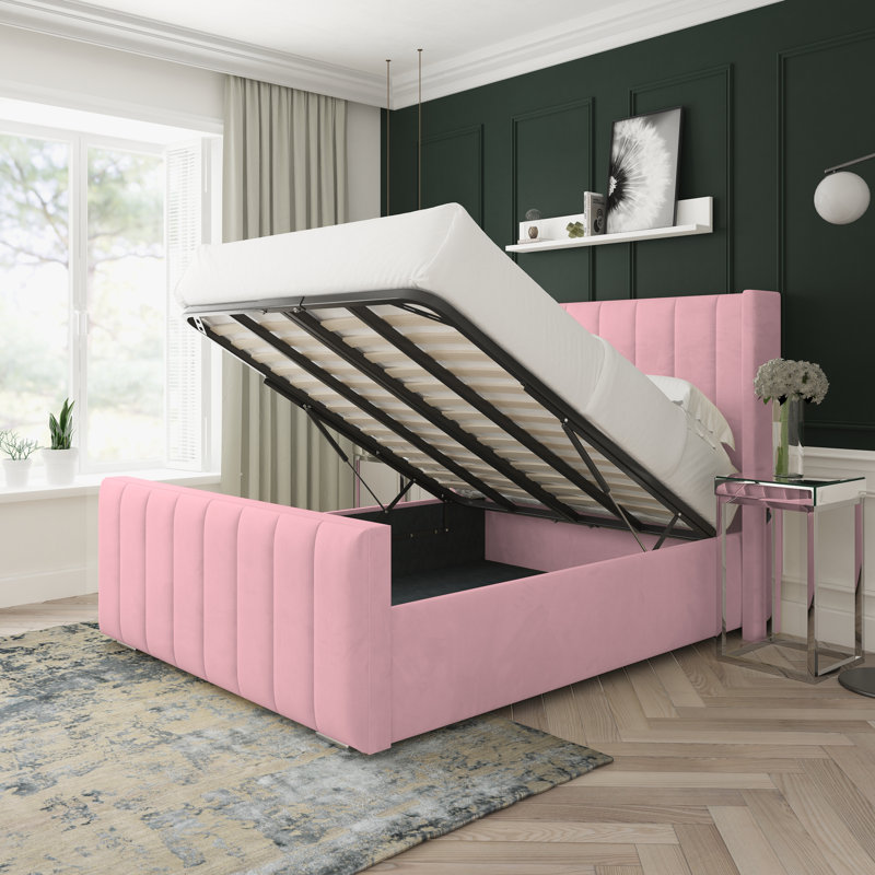 Aspen Plush Velvet Upholstered Ottoman Bed Frame, Small Double (4'), Pink
