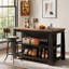 Îlot de cuisine de 140 cm avec étagères de rangement ouvertes, table de bar haute noire et brune avec sièges pour cuisine et salle à manger