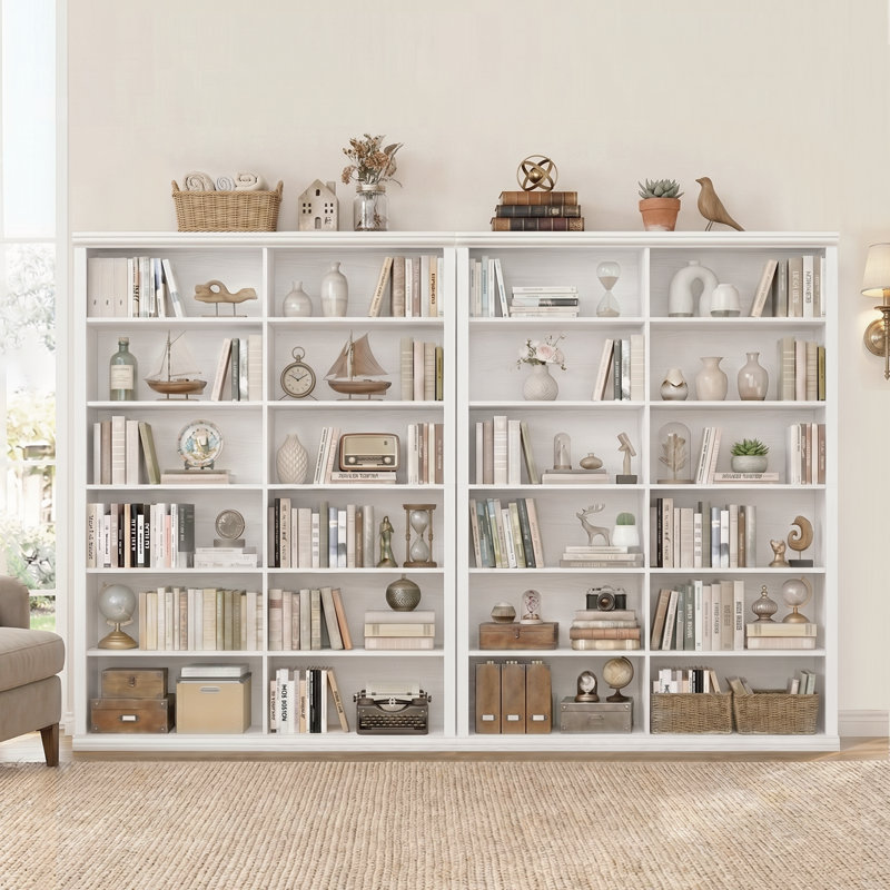 72" H x 47.2" W Wood Double 6-Tier Bookcase(set of 2), White