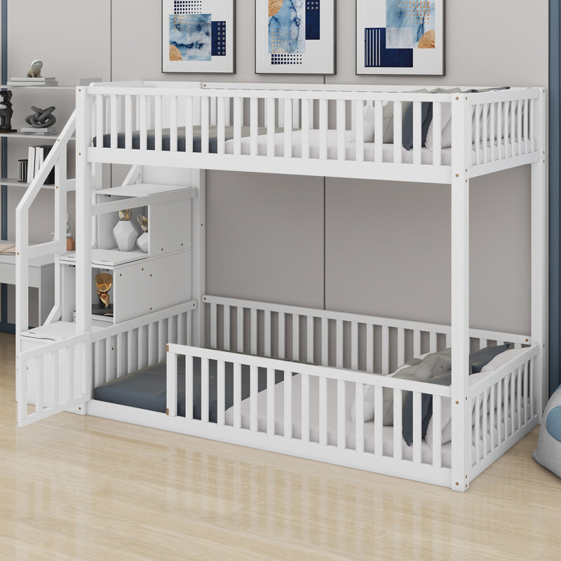 Lit superposé élégant avec rangement pour escalier intégré, Blanc