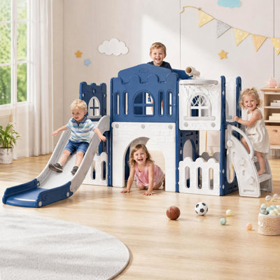 8 in 1 Toddler Slide, Toddler Outdoor Playset with Slide, Climber, Tunnel, Basketball Hoop, Toy Storage and Telescope for Toddlers Age 1-3