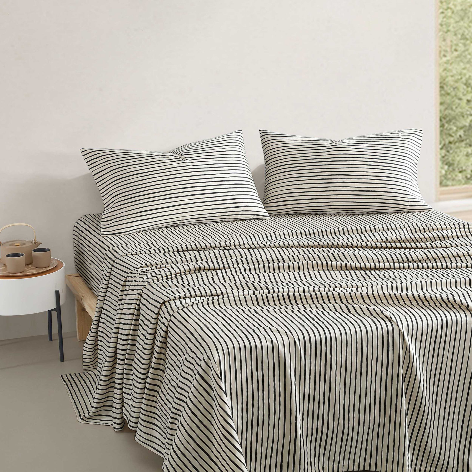 Marimekko Printed Organic Cotton Percale Sheet Sets, King Sheet Set with 2 Pillowcases, Black Striped