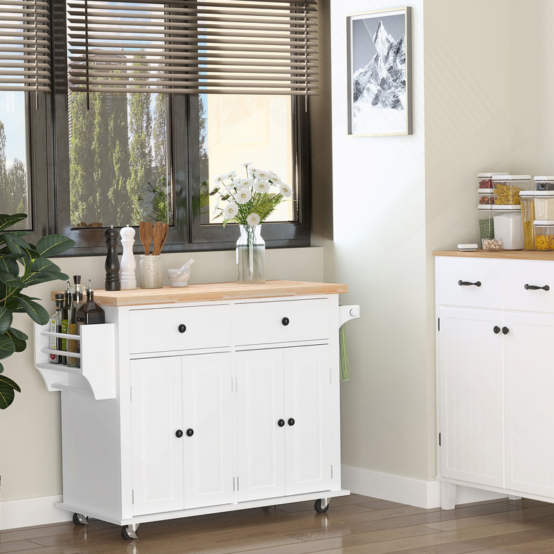 Kitchen Island On Wheels, Rolling, Rubberwood Top, Spice Rack, Towel Rack, Drawers, White, White