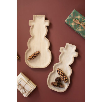  Carved Wood 23.75" Tall Snowmen Trays – Set of 2 Holiday Christmas Table Décor